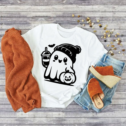 Ghost with coffee SVG File, Halloween Cut File For Cricut, Silhouette, Sublimation T-Shirt, Instant Download